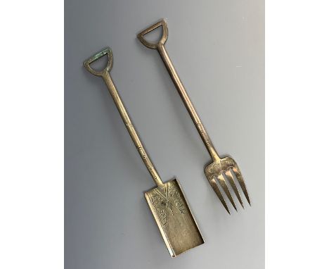 A Victorian electroplate novelty pickle fork and preserve spoon modelled as a garden fork and spade