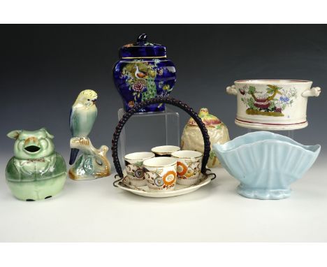 A Scottish Campsie Ware lustre budgerigar, a Hancock's Corona Ware caddy, egg cup set etc.