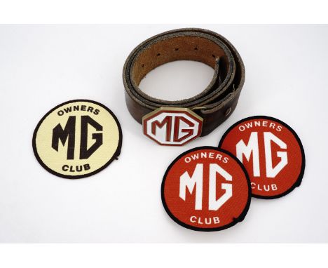 An MG car owners' club belt and embroidered badges