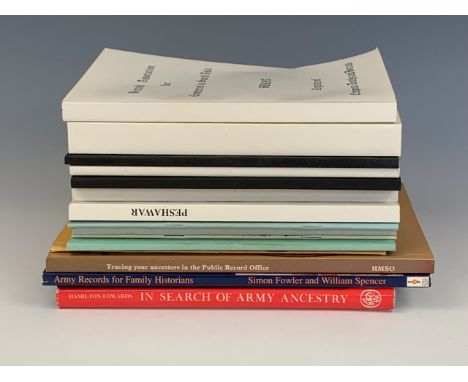 Military and genealogical reference books including Hamilton-Edwards, "In Search of Army Ancestry", 1977, Fowler and Spencer,