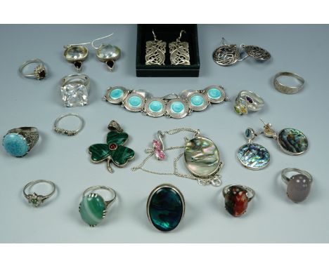 A quantity of vintage and contemporary silver and white metal jewellery including a pale blue bass taille guilloche enamelled