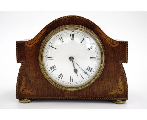 An early 20th Century marquetry-inlaid mahogany mantle or table clock, of diminutive stature, 17 cm x 13.5 cm