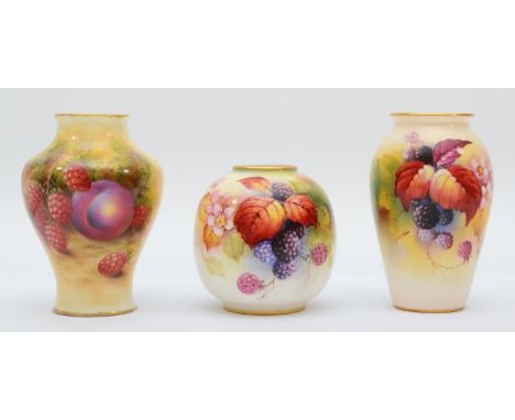 A Royal Worcester baluster vase, hand painted with fruits on a mossy bank, signed K.Blake , Reg No G957, 8.5cm tall, together