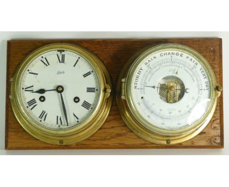 A mid 20th century Schatz maritime brass bulkhead clock/barometer/thermometer set, the clock having enamelled dial and Roman 