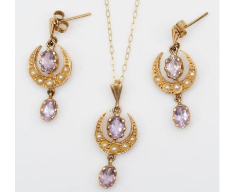 A vintage Victorian style 9ct gold amethyst and half pearl pendant and ear ring suite, Sheffield 1994, pendant 28mm, chain, 5