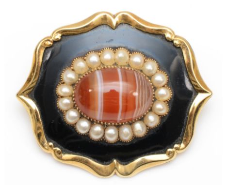 A Victorian gold, black enamel, banded agate and half pearl mourning brooch, hair locket to the reverse, inscribed, "I. Peile