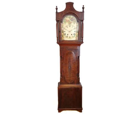 A 19th century Lincolnshire 8-day longcase clock, having floral painted wooden arched convexed dial, the mahogany case with i