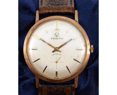 Verity, a 9ct gold manual wind presentation gentleman's wristwatch, c.1970's, off white dial with gilt baton markers and subs