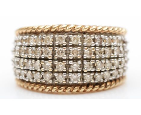 A 9ct gold five row diamond ring, set with brilliant cut stones, stated weight 1.0cts, estimate J/K, VS1/2, N, 6.1gm 