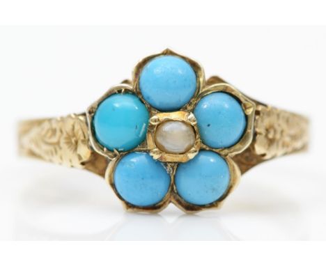 A Victorian gold , turquoise glass and half pearl cluster ring, tests as 9ct gold, floral engraved shank, N, 1.9gm 