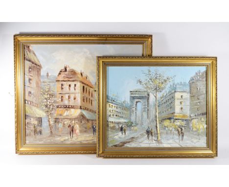 French impressionist school, late 20th century, Parisian street scene, oil on canvas, indistinctly signed, 50 x 60cm together
