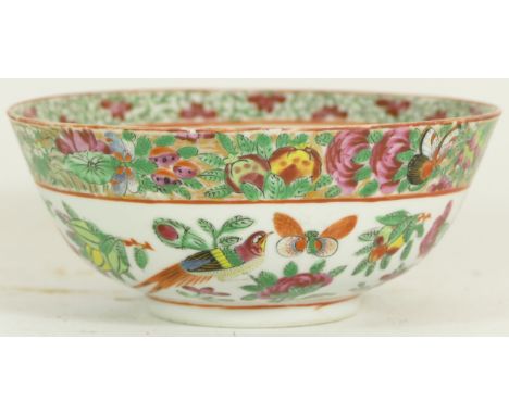 A Chinese Cantonese famille rose porcelain bowl, enamel painted with panels of birds and flora, heightened with gilt highligh