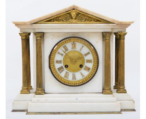 A late 19th century French white marble mantel clock, having eight day movement striking on gong, with pendulum and key. 30cm