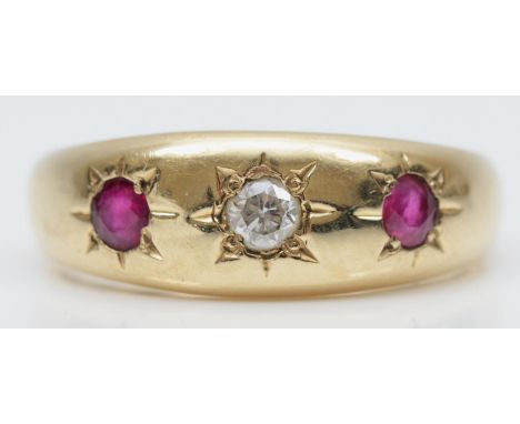 A 9ct gold  Edwardian style ruby and diamond ring, Birmingham 1989, star gypsy set with brilliant cut stones, T, 6gm 