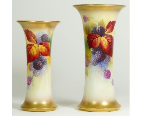 A Royal Worcester trumpet vase, decorated with blackberries and autumnal leaves, signed by artist K. Blake (Kitty Blake), sta