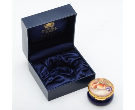 A Royal Worcester pill box, Painted Fruits, signed by artist, S.Smith, 4.5cm diameter, together with original box 