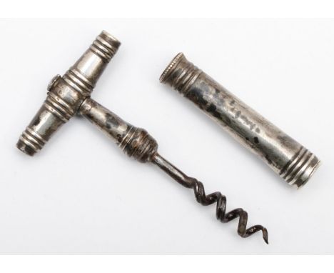 A Georgian silver corkscrew, makers mark poorly struck, c.1800/20, cylindrical ribbed container, 7.5cm. 