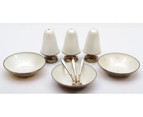 A Norwegian silver gilt and white guilloche enamel set of three salt pots, dishes and spoons, by David Anderson, design 4226/