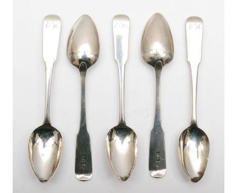 Scottish provincial; a Georgian silver set of five fiddle pattern tea spoons, by David Gray, Dumfries, fouled anchor, unicorn