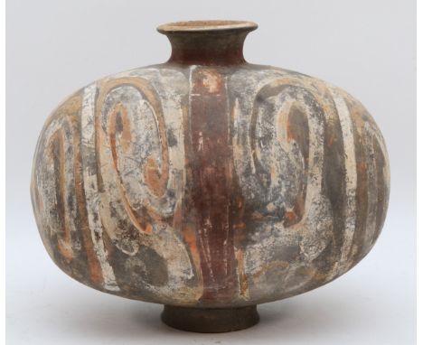 A Chinese painted pottery cocoon jar, Han Dynasty, (206 BC – 220 AD), decorated by cold painting a variety of different colou