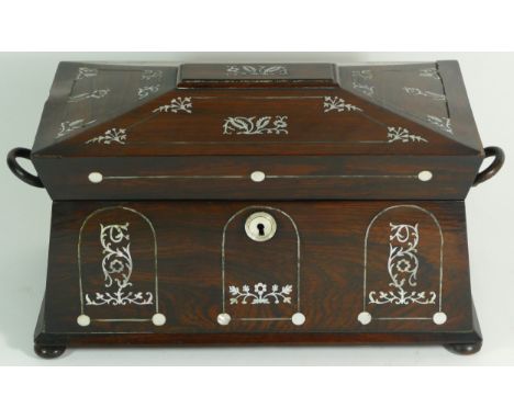 A Victorian burr walnut sarcophagus-form tea caddy, having inset mother of pearl decoration, with two removable lidded compar