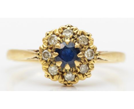 A vintage 18ct gold sapphire and diamond cluster ring, P, 3.1gmone claw on right hand side missing, needs a clean, otherwise 