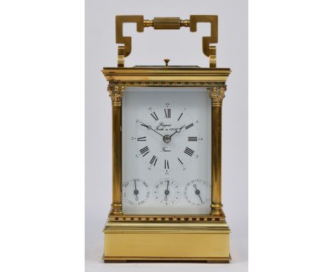 Rapport France, a brass repeating, striking, day, date, alarm carriage clock, the signed white enamel dial with Roman numeral