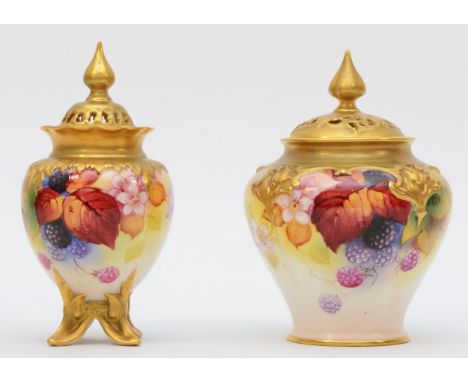 A Royal Worcester lidded pot pourri vase, of baluster form, Painted Fruits, signed by artist, K.Blake, 13cm tall, stamped on 