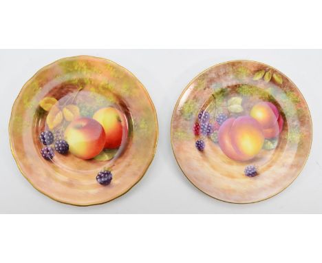 Two Royal Worcester side plates, painted in polychrome enamels with still lifes of fruits on a mossy bank, signed, puce mark,