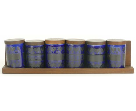 A collection of Hornsea Heirloom blue storage jars, salt and pepper pots, spice rack with jars and a Bronte salt and pepper s