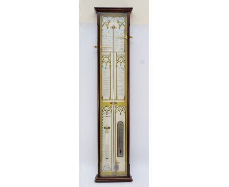 A mahogany cased Admiral Fitzroy barometer, having architectural pediment with brass central finial, twin brass slide indicat