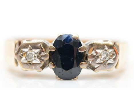 A 9ct gold sapphire and diamond three stone ring, M, 3.2gm 