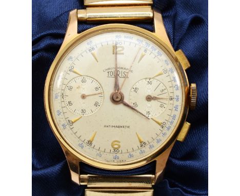 Tourist Chronograph, a Swiss gold plated manual wind gentleman's wristwatch, c. 1950's, off white dial with two subsidiary di