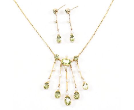 An Edwardian 9ct gold peridot and pearl necklace and earring suite. The jewellery suite to include a 9ct gold, peridot and pe