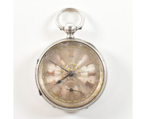 A 19th century hallmarked open faced pocket watch. Key wind movement with engine turned dial having raised gilt numeral chapt