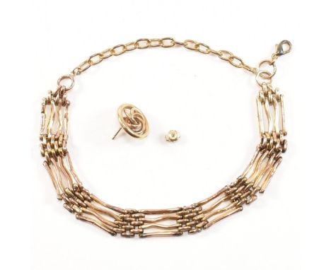 A gold gate link chain bracelet AF together with a single earring. Bracelet unmarked having later metal safety chain and clas