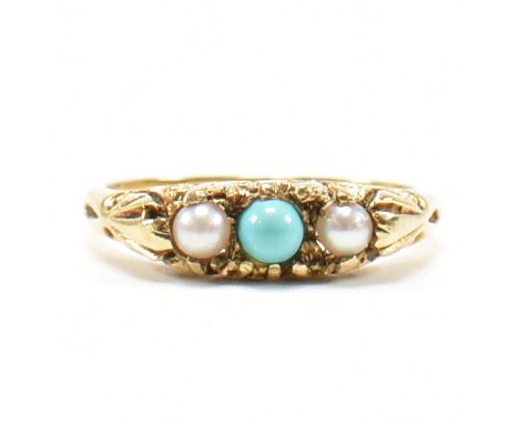 A hallmarked 9ct gold turquoise and cultured pearl gypsy ring. The ring set with a turquoise&nbsp;cabochon flanked by two cul