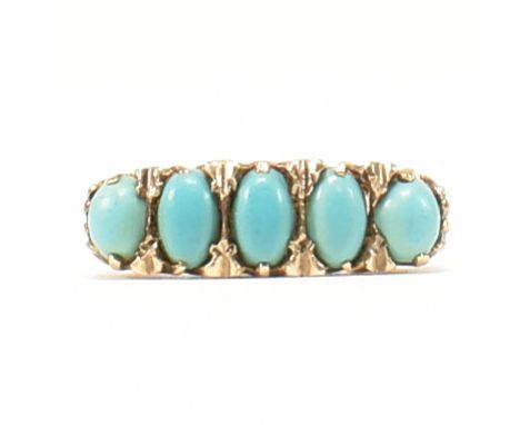 A hallmarked 9ct gold and turquoise simulant five stone ring. The vintage style ring having five graduating cabochons of turq