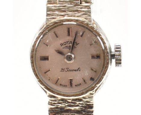 A 1960s hallmarked 9ct white gold 21 jewel Rotary wristwatch. The cocktail watch having a round dial with baton indices to a 