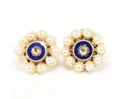 A pair of seed pearl, enamel and diamond earrings, circa 1800. The Georgian earrings mounted with central collect set rose cu