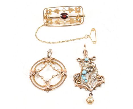 Early 20th century Edwardian 9ct gold &amp; gem set pendants and a brooch pin. The Edwardian jewellery to include a 9ct gold,