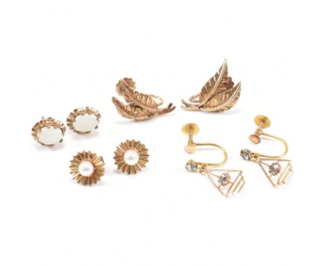 A collection of 9ct gold and gem set earrings. The earrings to include a pair of 9ct gold and simulated pearl butterfly back 