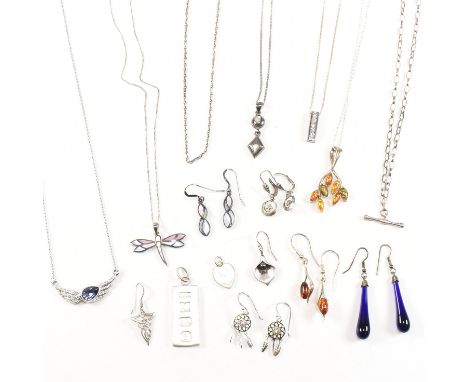 A collection of silver and gem set jewellery. The jewellery to include amber set pendant necklace, mother of pearl pendant ne