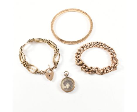 A selection of rolled gold and gold metal jewellery. The jewellery to include a 1930s etched bangle, a curb link chain bracel