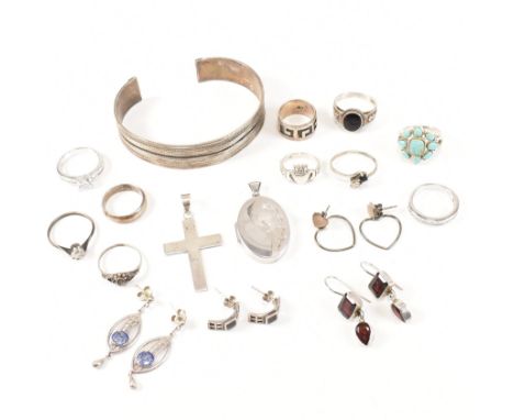 A collection of silver and white metal rings and earrings and pendants. The earrings to include Mackintosh style, enamel , ga
