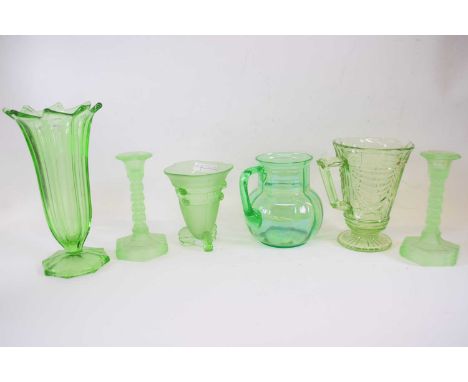 Group of uranium glasswares comprising; celery vase, art deco vase possibly James Powell &amp; Sons, 2 Jugs and pair of candl