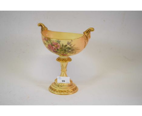 Royal Worcester blush ground vase in Renaissance style, decorated with flowers above a gilt decorated stem, 17cm high