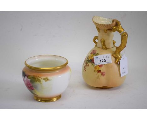 Royal Worcester ewer, the blush ground body decorated with flowers together with a small Royal Worcester pot decorated with r