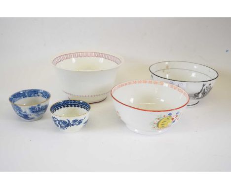 Group of English porcelains including a New Hall trench mortar tea bowl, Caughley pattern fisherman tea bowl, a New Hall slop
