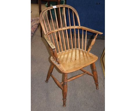 19th century ash and elm stick back Windsor chair with turned front legs and 'H' stretcher, 60cm wide